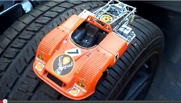Porsche 917 scale model on tire
