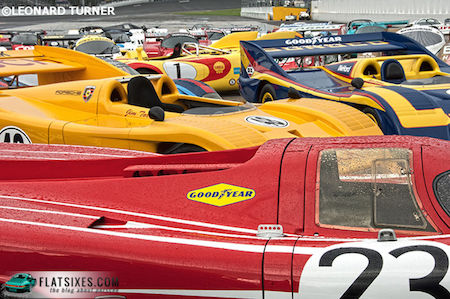 Porsches in rain at Rennsport
