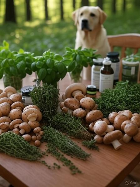 Dog In Forest With Herbs & Mushrooms