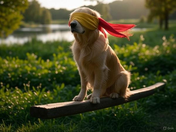 Blindfolded Dog Balancing on a Beam