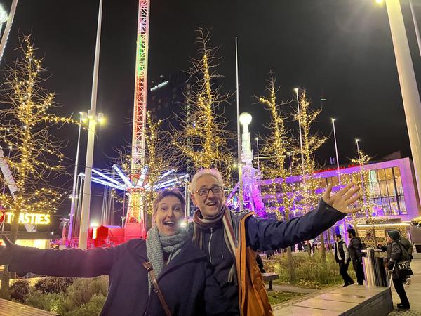 Heide and Iain against the lights in Birmingham's Centenary Square