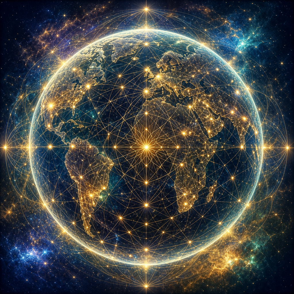 A glowing Earth wrapped in a luminous web of golden light, points of connection forming a sacred matrix of oneness