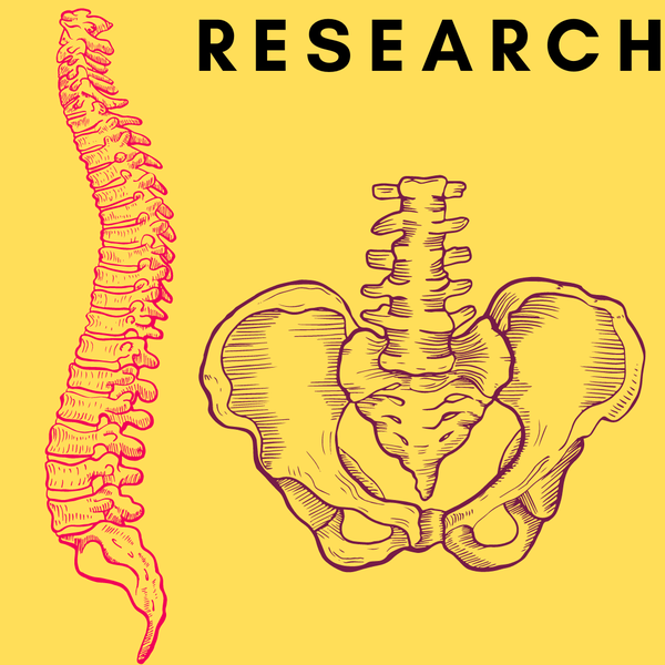 An illustration of a whole spine and the lumbar spine with the sacrum and hip bones on yellow background with text: Research