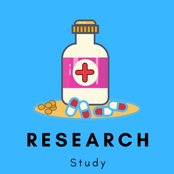 A pill bottle with several pills lying in front of it on blue background. Text: Research Study. 