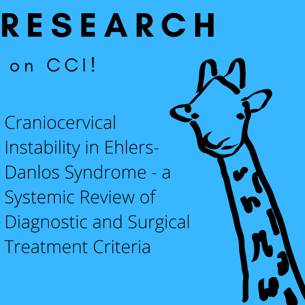 Blue background and an illustration of a giraffe. Text: Research on CCI! Craniocervical Instability in Ehlers-Danlos Syndrom - a Systemic Review of
Diagnostic and Surgical Treatment Criteria