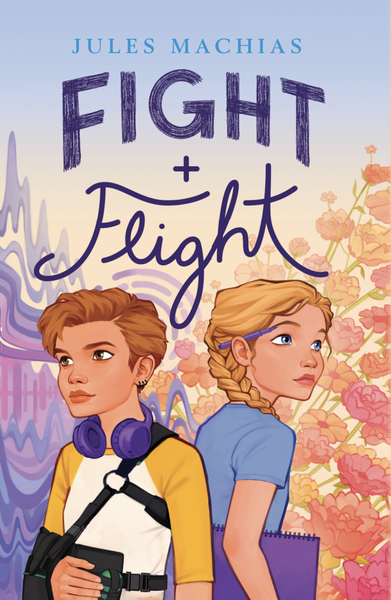 A book cover showing an illustration of two teeangers. One has short brown hair and is wearing a shoulder brace, the other one has long blonde hair and has a
pen behind her ear. Text: Jules Machias, Fight + Flight. 