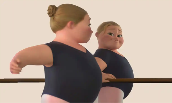 An animation of a person with blonde hair wearing a ballerina outfit and looking into a mirror while dancing.