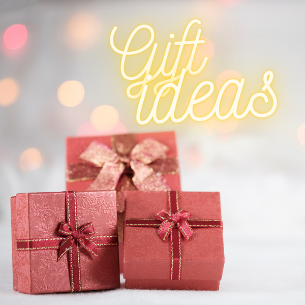 A photo of three red gift boxes and text: Gift ideas