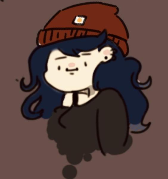 An illustration of a child with long blue hair and a red beanie. 