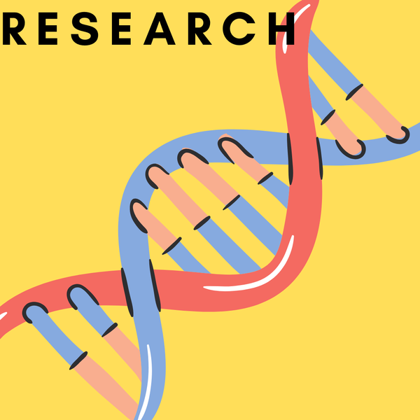 Yellow background with a colorful illustration of a double-stranded DNA and text: Research