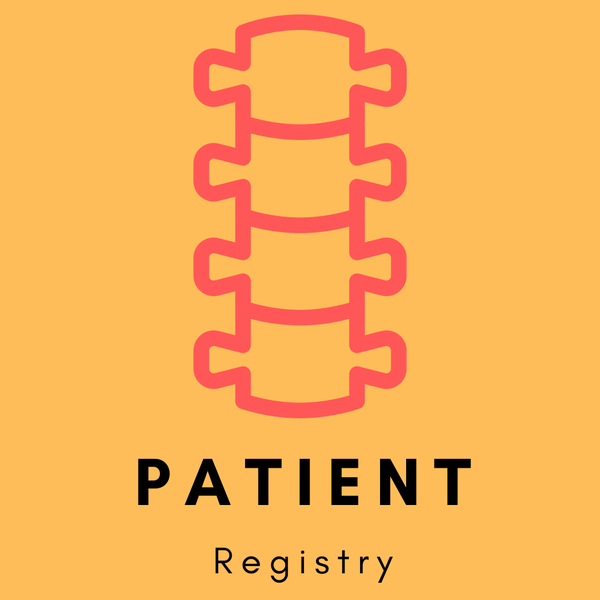 Yellow background with an illustration of a red spinal segment - 4 vertebrae - with text: Patient registry.