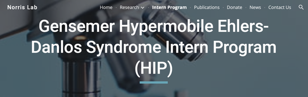 An image of a microscope in the background and text: Gensemer Hypermobile EDS Intern Program