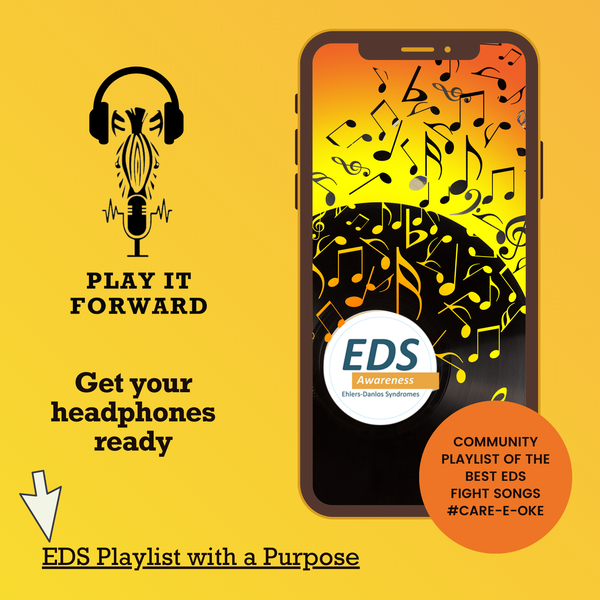 Yellow background with a smartphone showing the EDS Awareness logo and some music. A zebra with headphones on. Text: Play it forward, Get your headphones ready. EDS playlist with a purpose.