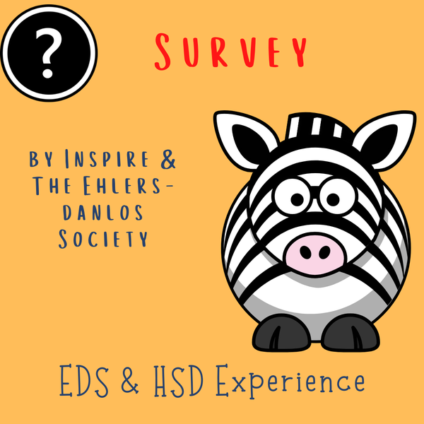 A comic-like zebra and text: Survey by Inspire and the Ehlers-Danlos Society, EDS & HSD Experience