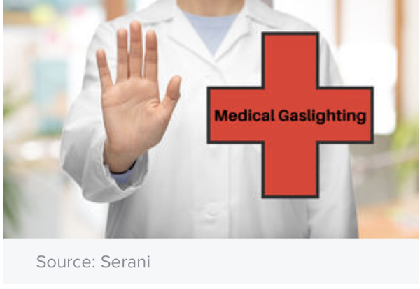A medical professional holding up their hand in a stop gesture. A Red Cross with text: Medical Gaslighting