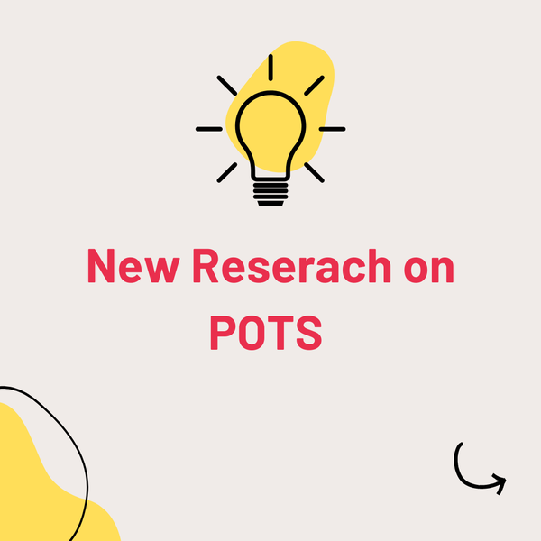 a light bulb with a yellow shine and red text: New Research on POTS.