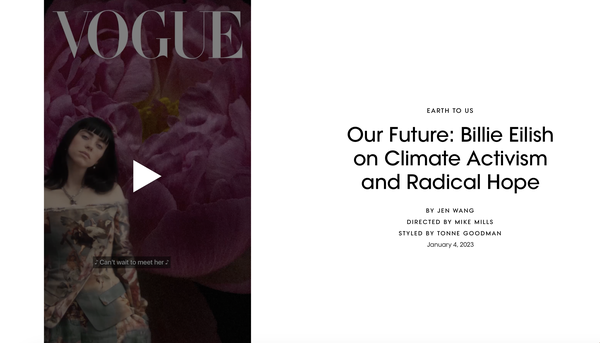 A screenshot of the Vogue Website with a Vogue Cover showing Billie Eilish standing in front of a huge pink flower. 