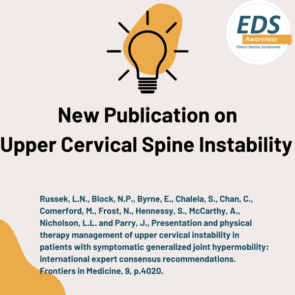 A yellow light bulb and text: New Publication on Upper Cervical Spine Instability  Russek, L.N., Block, N.P., Byrne, E., Chalela, S., Chan, C., Comerford,
M., Frost, N., Hennessy, S., McCarthy, A., Nicholson, L.L. and Parry, J., Presentation and physical therapy management of upper cervical instability in patients with symptomatic generalized joint hypermobility: international expert consensus recommendations. Frontiers in Medicine, 9, p.4020.
