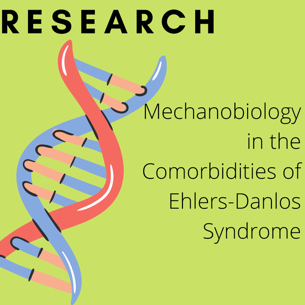Green background with a double-stranded DNA in red, blue and orange. Text: Research: Mechanobiology in the Comorbidities of Ehlers-Danlos Syndrome