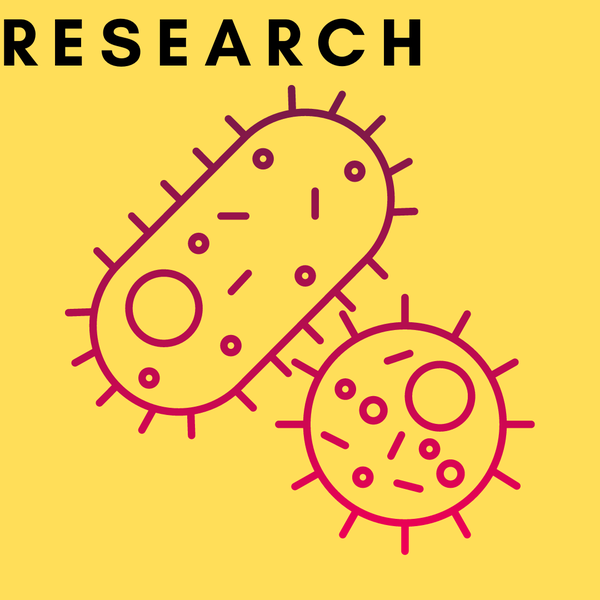 Two illustrations of a cell on yellow background with text: research