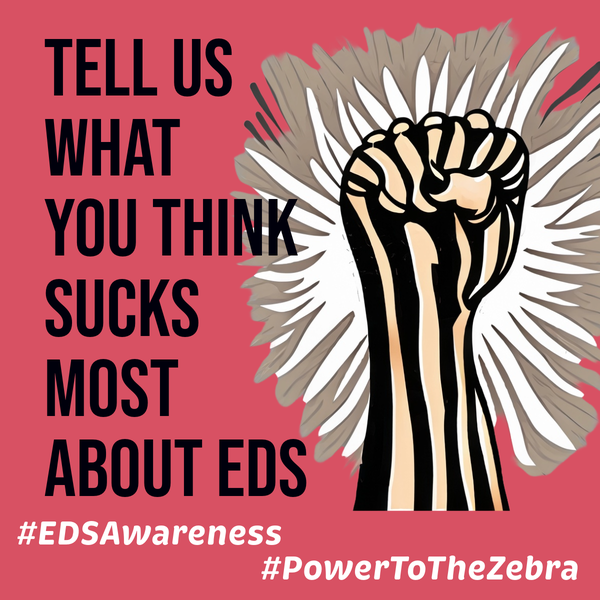A zebra stripped fist with text: Tell us what you think sucks most about EDS. #EDSAwareness #PowerToTheZebra