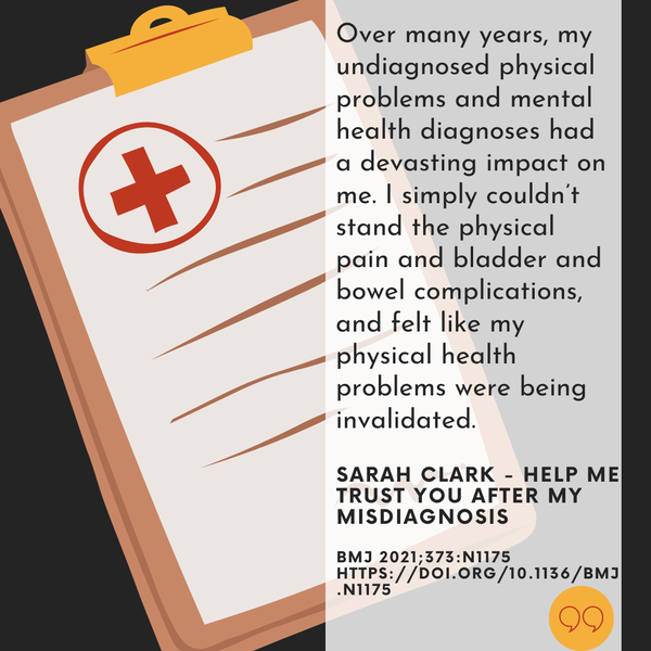 A doctors note and text: Over many years, my undiagnosed physical problems and mental health diagnoses had a devastating impact on me. I simply couldn't stand the physical pain and bladder and bowel complications, and felt like my physical health problems were being invalidated.
