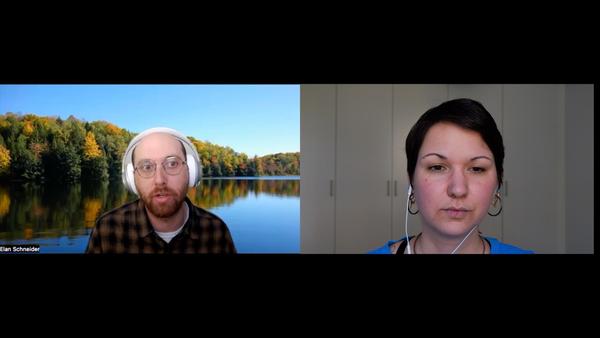 Left is a bald man with white headphones and glasses. His Zoom background is a lake with fall-colored trees in the background. Right is a woman with a short
pixie cut and a blue shirt.