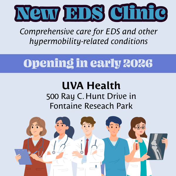 an illustration of several medical professionals with text: New EDS clinic, comprehensive care for EDS and other hyper mobility-related conditions. Opening in early 2026, UVA Health