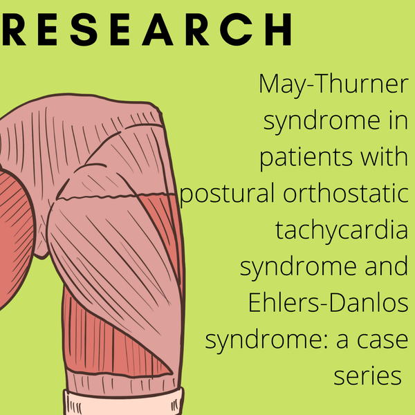 Green background with a red blood vessel and text: May-Thurner syndrome in patients with postural orthostatic tachycardia syndrome and Ehlers-Danlos
syndrome. a case series.