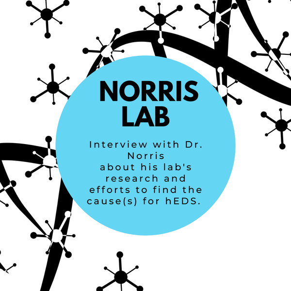 A blue circle with text: Norris Lab, Interview with Dr. Norris about his lab’s research and efforts to find the cause(s) for hEDS. In the background is a
black DNA.