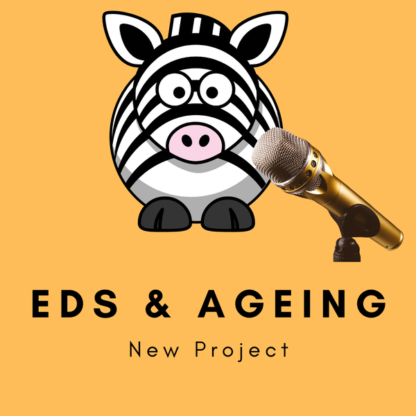 An illustration of a zebra with a golden microphone pointing at it on yellow background. Text: EDS & Ageing 