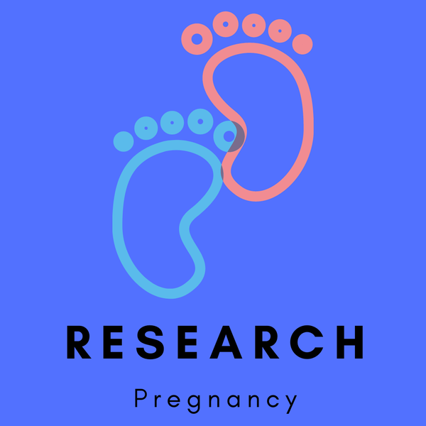 Blue background and an illustration of a two tiny foot prints. Text: Research Pregnancy