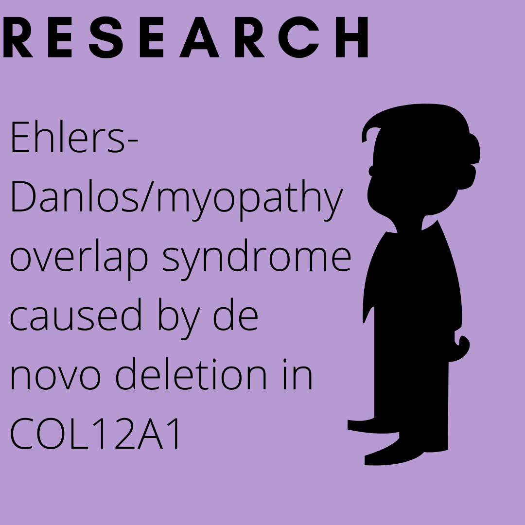 Purple background with an illustration of a boy. Text: Research; Ehlers-Danlos/myopathy overlap syndrome caused by a large de novo deletion in COL12A1