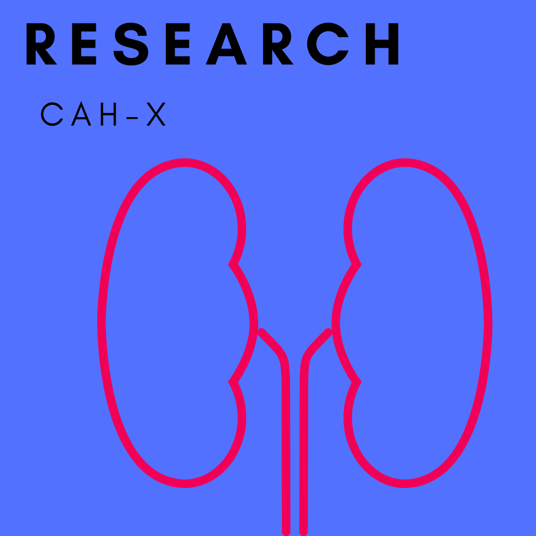 Blue background and an illustration of a kidney. Text: Research CAH-X