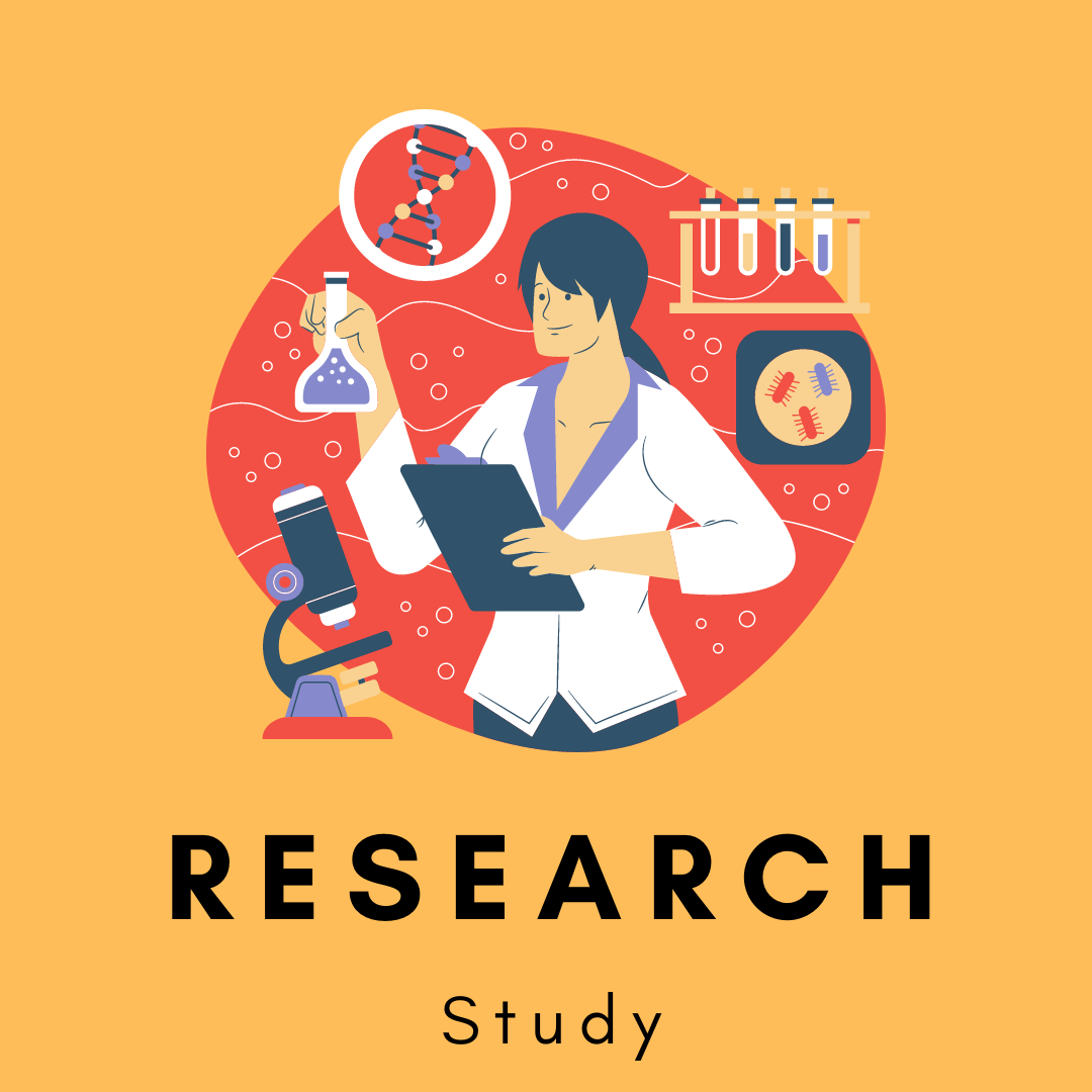 Yellow background and an illustration of a female scientist holding up a glass tube. There is also a microscope, a DNA and some bacteria under a microscope.
Text: Research study.
