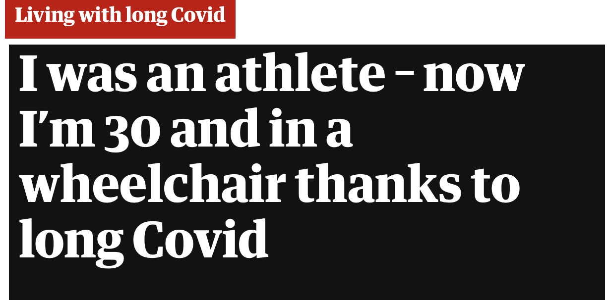 Text on black background: I was an athlete - now I am 30 and in a wheelchair thanks to long Covid