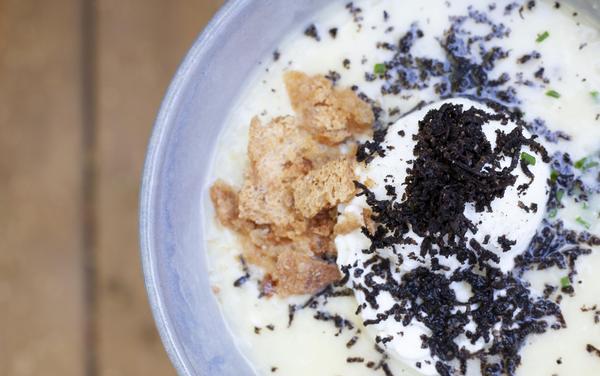 Black truffle avgolmono soup with poached egg