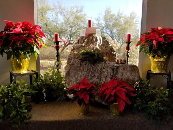 Sunrise Chapel chancel with pointsettias