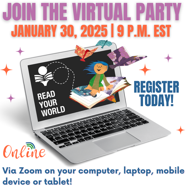 Graphic that's an invitation to Read Your World's virtual party on January 30 at 9:00 PM EST.