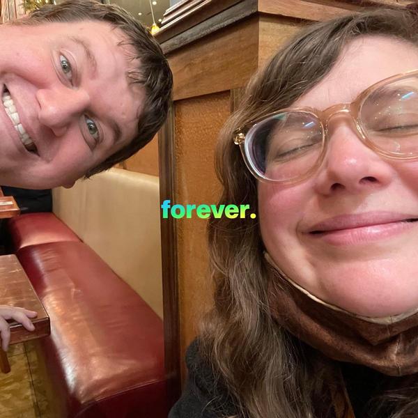 Jonathan Cormur and Molly Murphy all grown up with silly expressions at a Dorktales Storytime podcast recording session. 