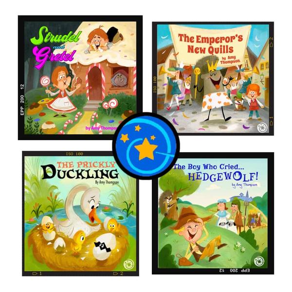 Collage of Fractured Fairy Tale Episodes on Dorktales Storytime Podcast