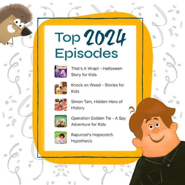 graphic shows list of top 5 fan-favorite dorktales episodes in 2024 set on a yellow and confetti style background with illustrations of Jonathan and Redge peeking in from the corners.