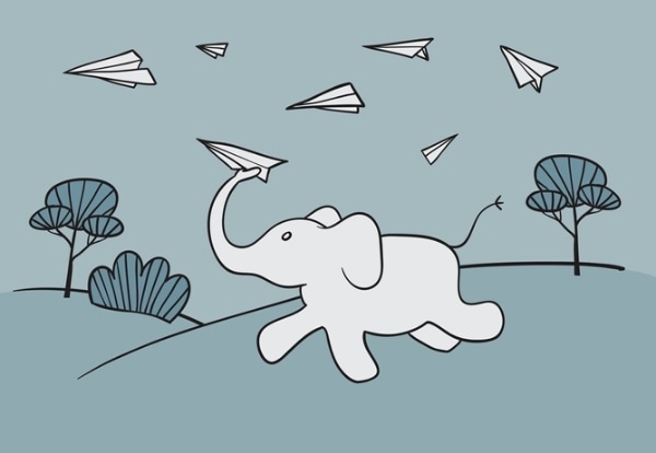 Prancing elephant flying paper airplanes