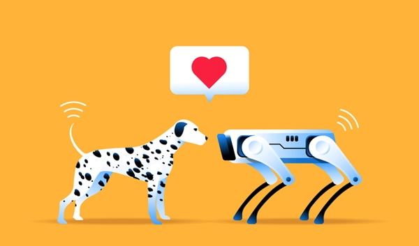 A dog with spots and a robot dog speaking in the language of love.