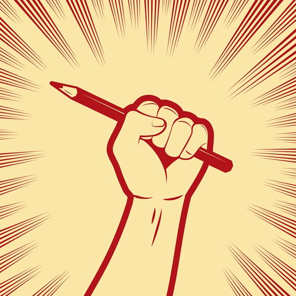 Raised fist holding pencil, rendered in propaganda art style