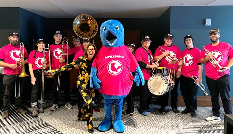 B2B marching band with Ann and Jay Bird