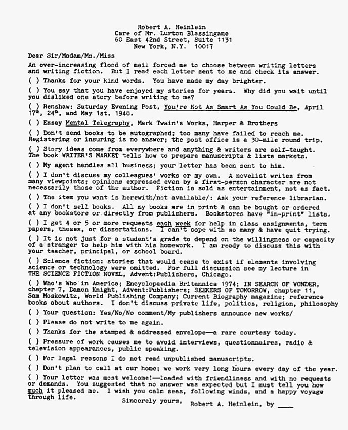 Robert Heinlein form letter