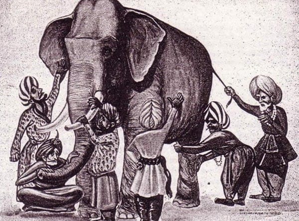 Image depicting the parable of blind men trying to describe an elephant.