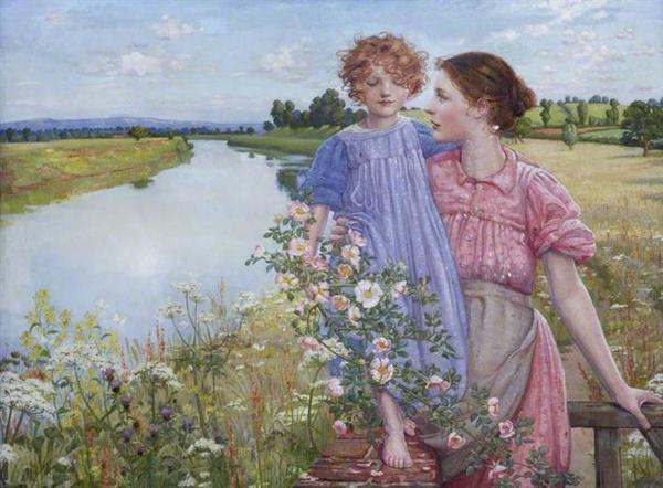 A Mother and Child by a River, with Wild Roses (1919) by Irish artist Mildred Anne Butler