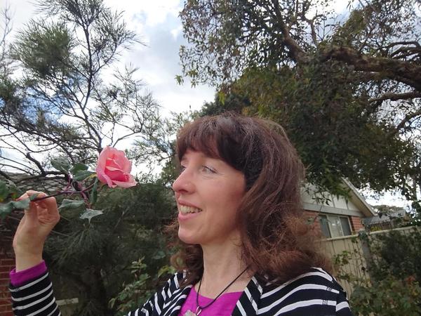 Me in my front garden with a Lorraine Lee rose.
